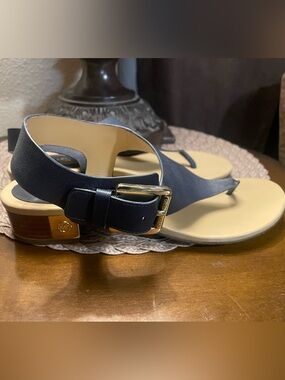 Michael Kors Navy Slingback Sandals with Gold Buckle